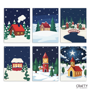 Winter Village: seis diseños de minipinturas que presentan casas de pueblo nevadas, un puente y una iglesia de noche.