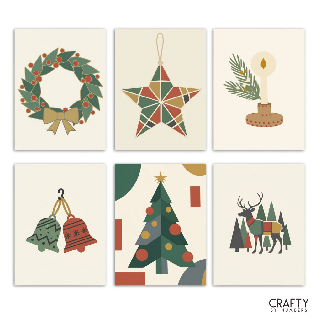 Modern Holly: six mini painting designs featuring a wreath, star, candle, bells, tree and reindeer.