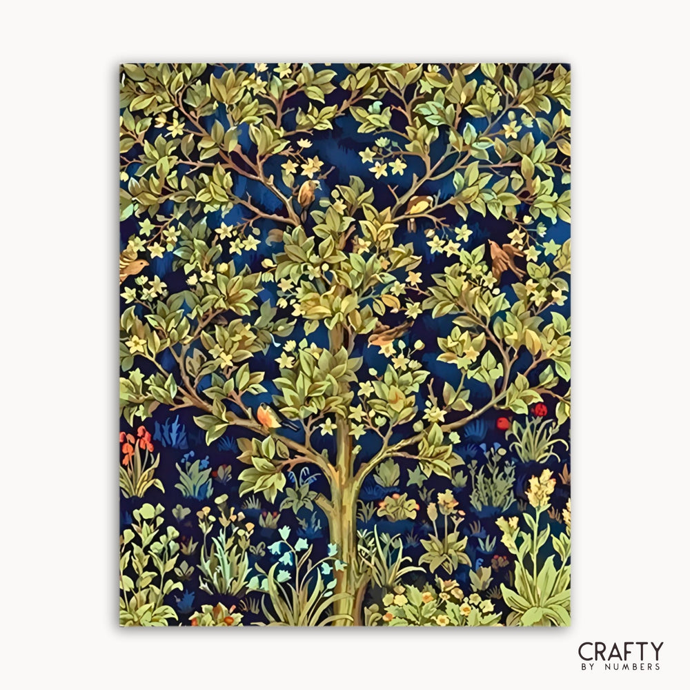 Decorative notebook with a floral and tree design on a dark blue background, branded 'Crafty by Numbers'.