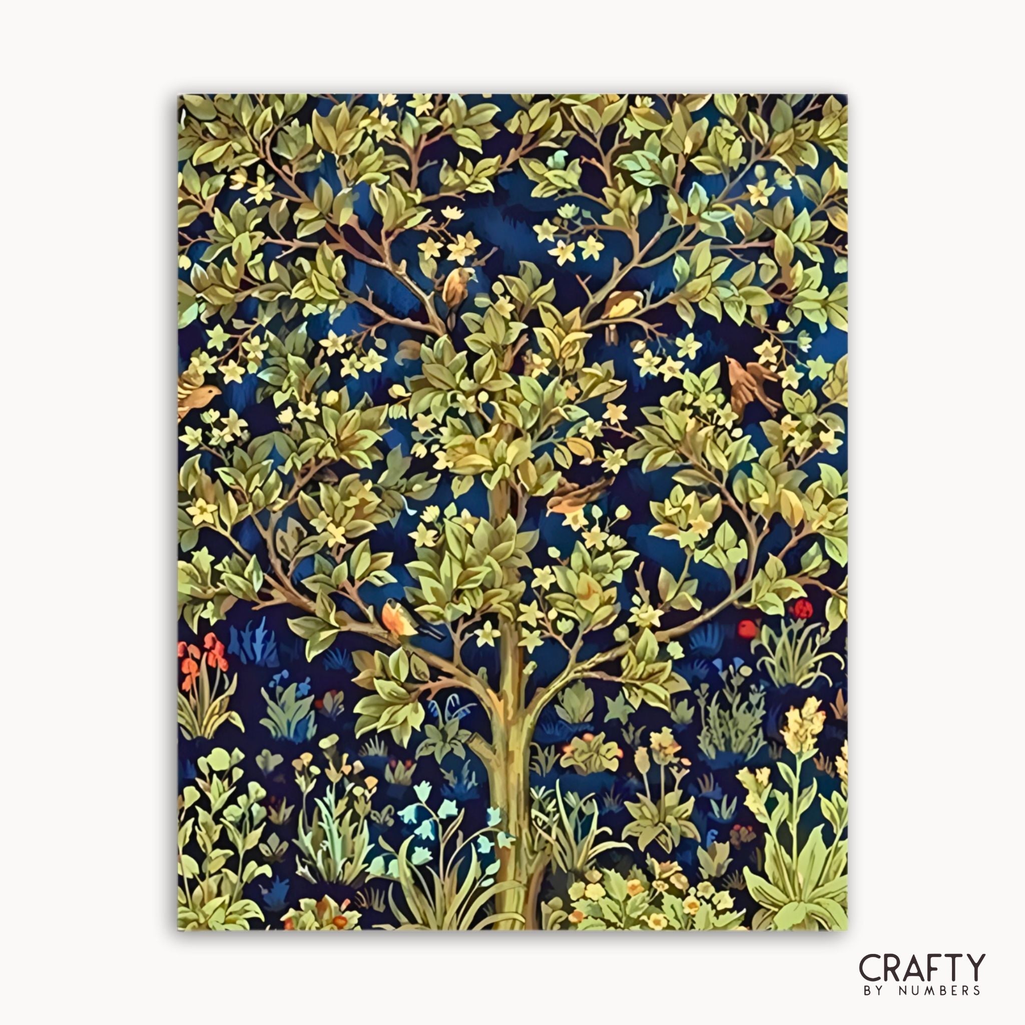 Decorative notebook with a floral and tree design on a dark blue background, branded 'Crafty by Numbers'.