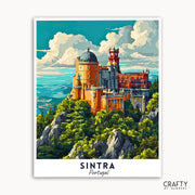 Vintage-style poster of Pena Palace in Sintra, Portugal with a blue sky and green trees.