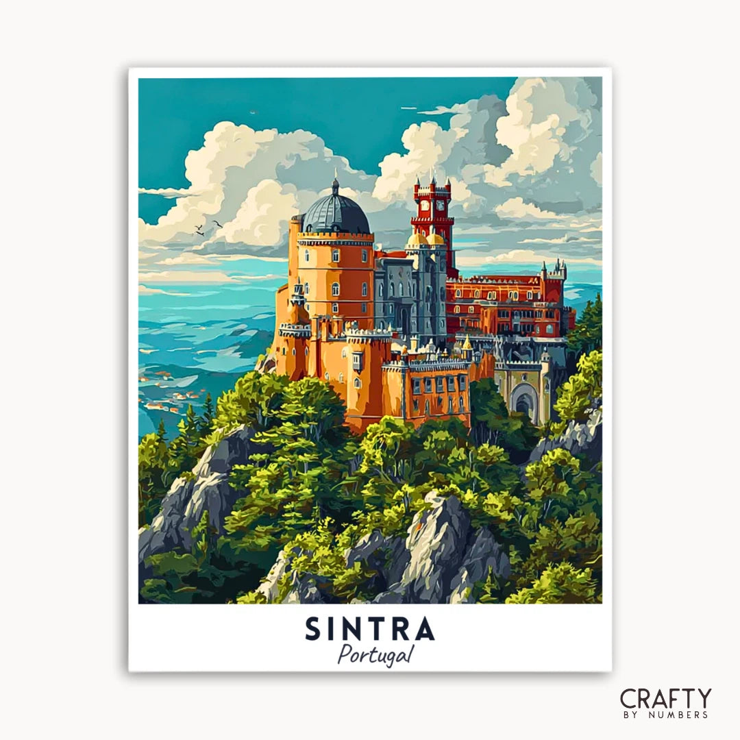 Vintage-style poster of Pena Palace in Sintra, Portugal with a blue sky and green trees.