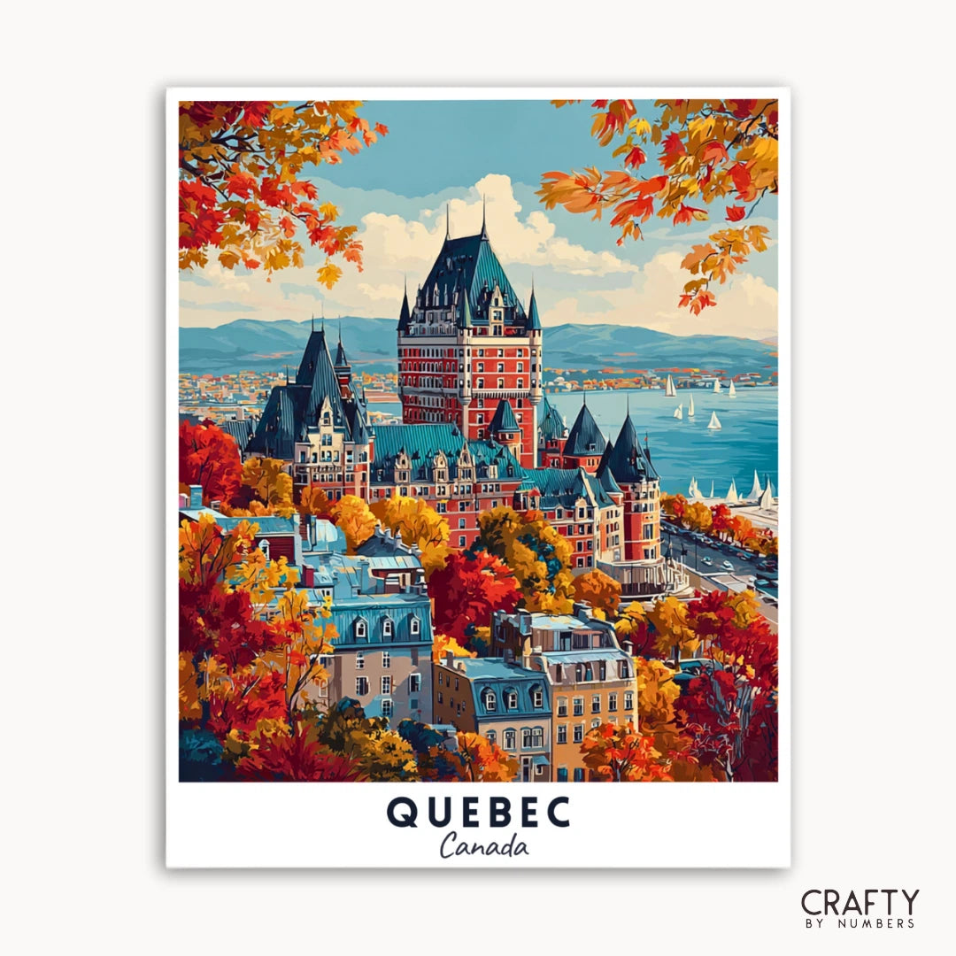 Illustration colorée de la ville de Québec avec un feuillage automnal et un bâtiment aux allures de château.