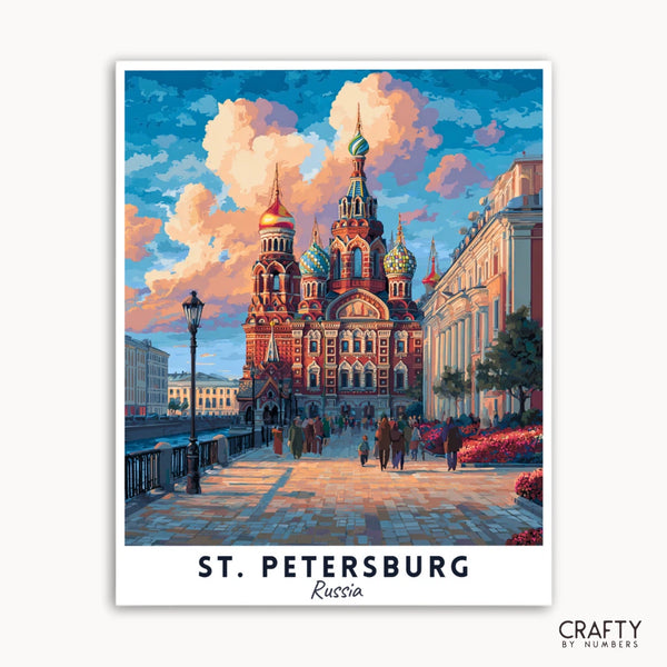 Artistic depiction of St. Petersburg, Russia with a prominent building and people on a street.