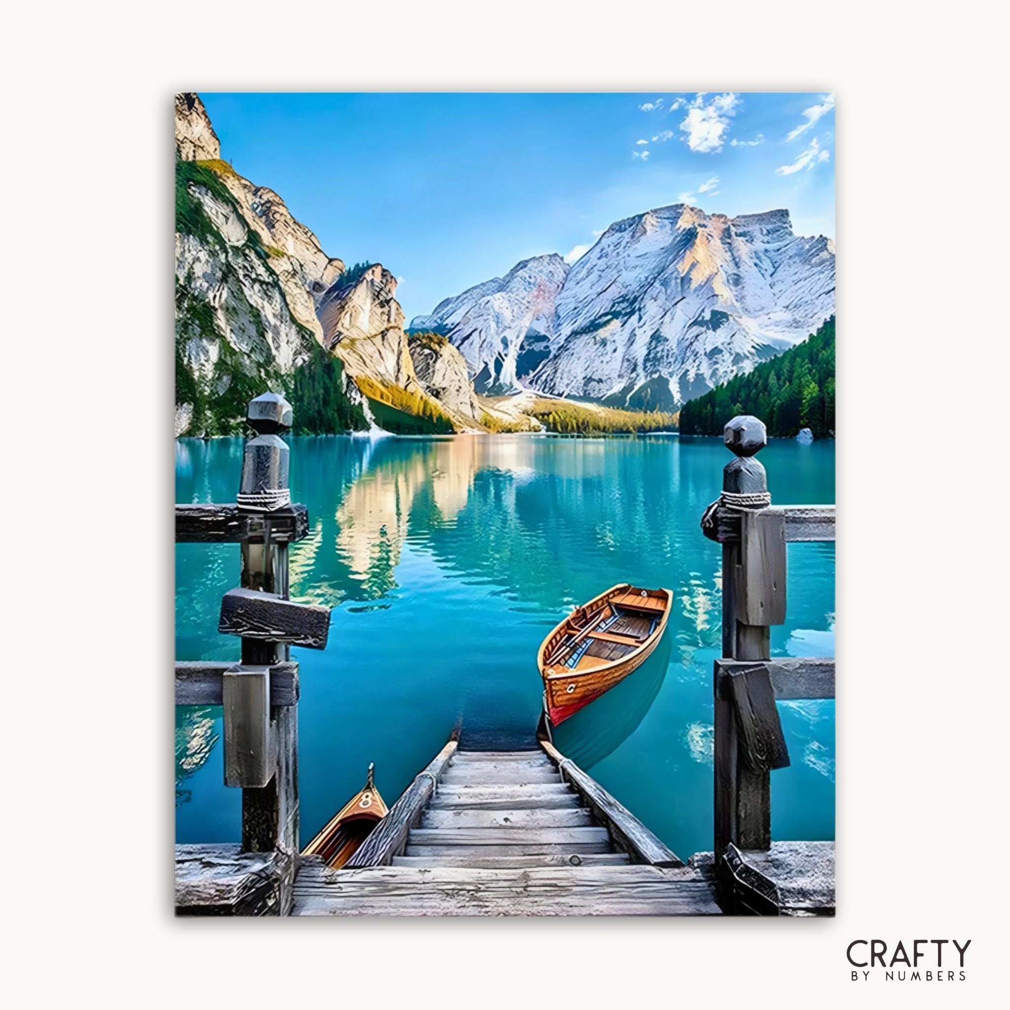 Scenic view of a lake with mountains, wooden dock, and boat, featuring the brand 'Crafty by Numbers'.