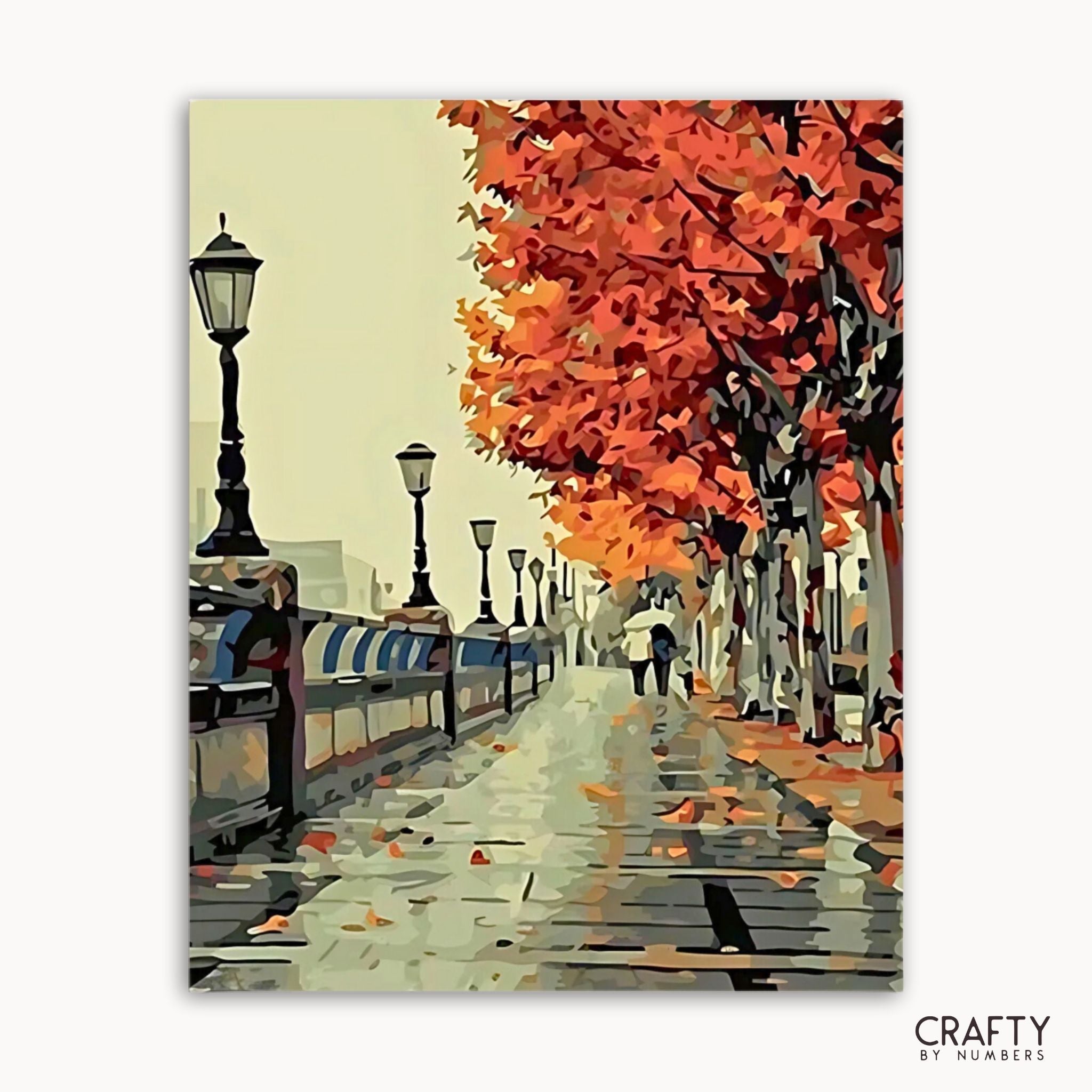 Painting of a street scene with autumn trees and people walking.