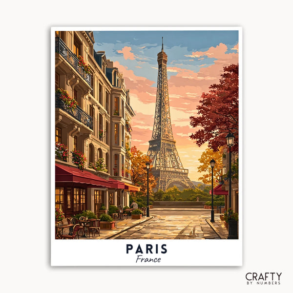 Illustration of Paris with the Eiffel Tower and street scene, featuring the brand 'Crafty by Numbers'.