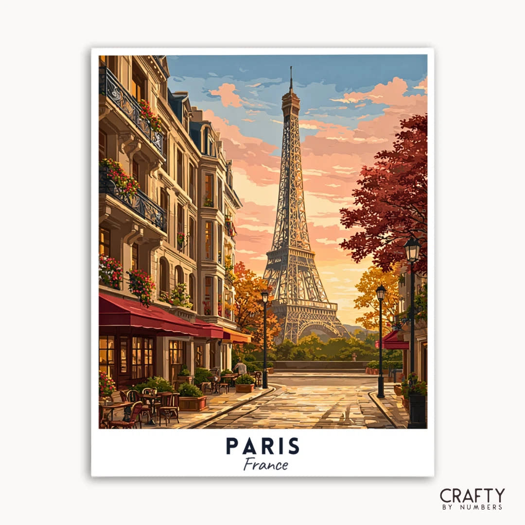 Ilustración de París con la Torre Eiffel y una escena callejera, con la marca 'Crafty by Numbers'.