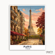 Illustration of Paris with the Eiffel Tower and street scene, featuring the brand 'Crafty by Numbers'.