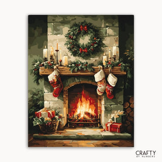 Una chimenea resplandeciente decorada con una corona, medias, velas y vegetación navideña, mostrada como un lienzo de pintura por números.