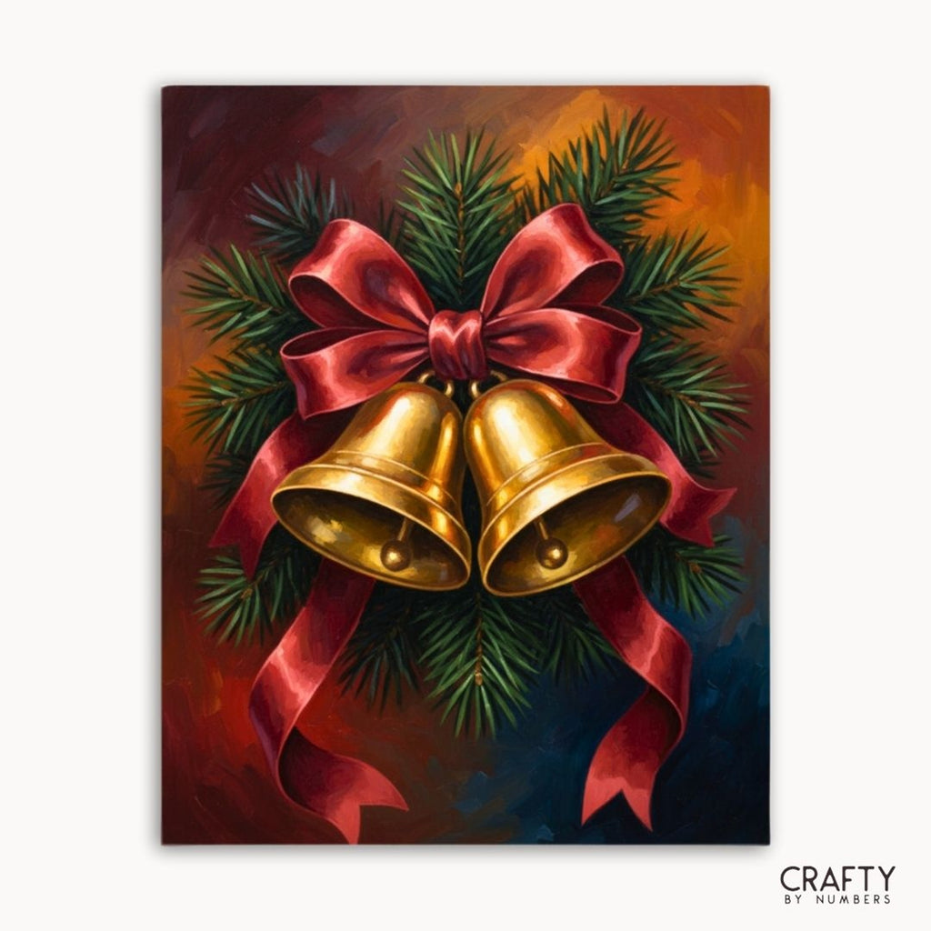 Two gold bells tied with a red bow and evergreen sprigs, shown as a paint by numbers canvas.
