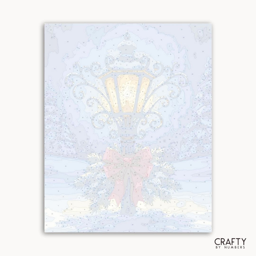 Numbered canvas preview for Lamplight & Lace Snow, showing the outlined painting sections.