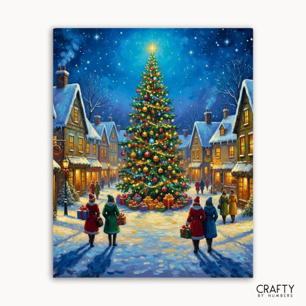 A large illuminated Christmas tree in a snowy village square, shown as a paint by numbers canvas.