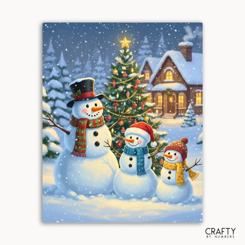 Three snowmen beside a decorated tree and snowy cottage, shown as a paint by numbers canvas.
