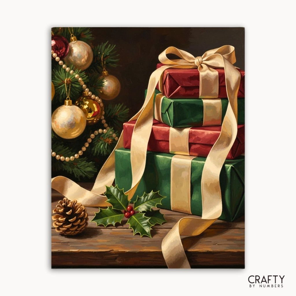 Gift boxes wrapped in red and green with gold ribbons beside a Christmas tree, shown as a paint by numbers canvas.
