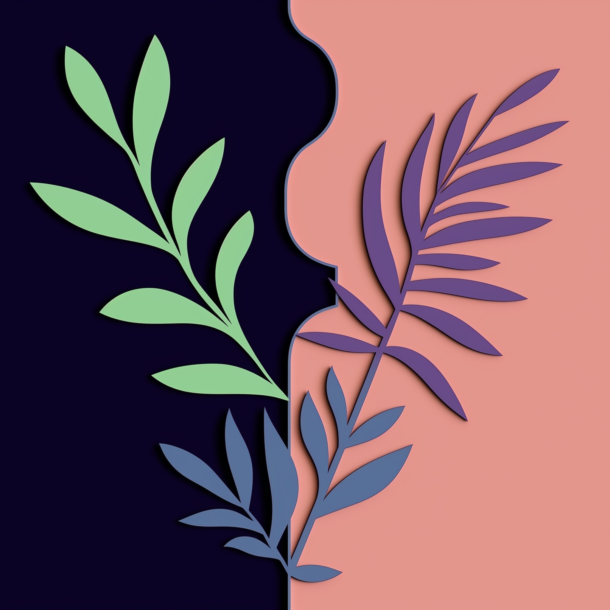 A paint by numbers kit depicting stylized leaves on a dual-toned background with black and pink colors.