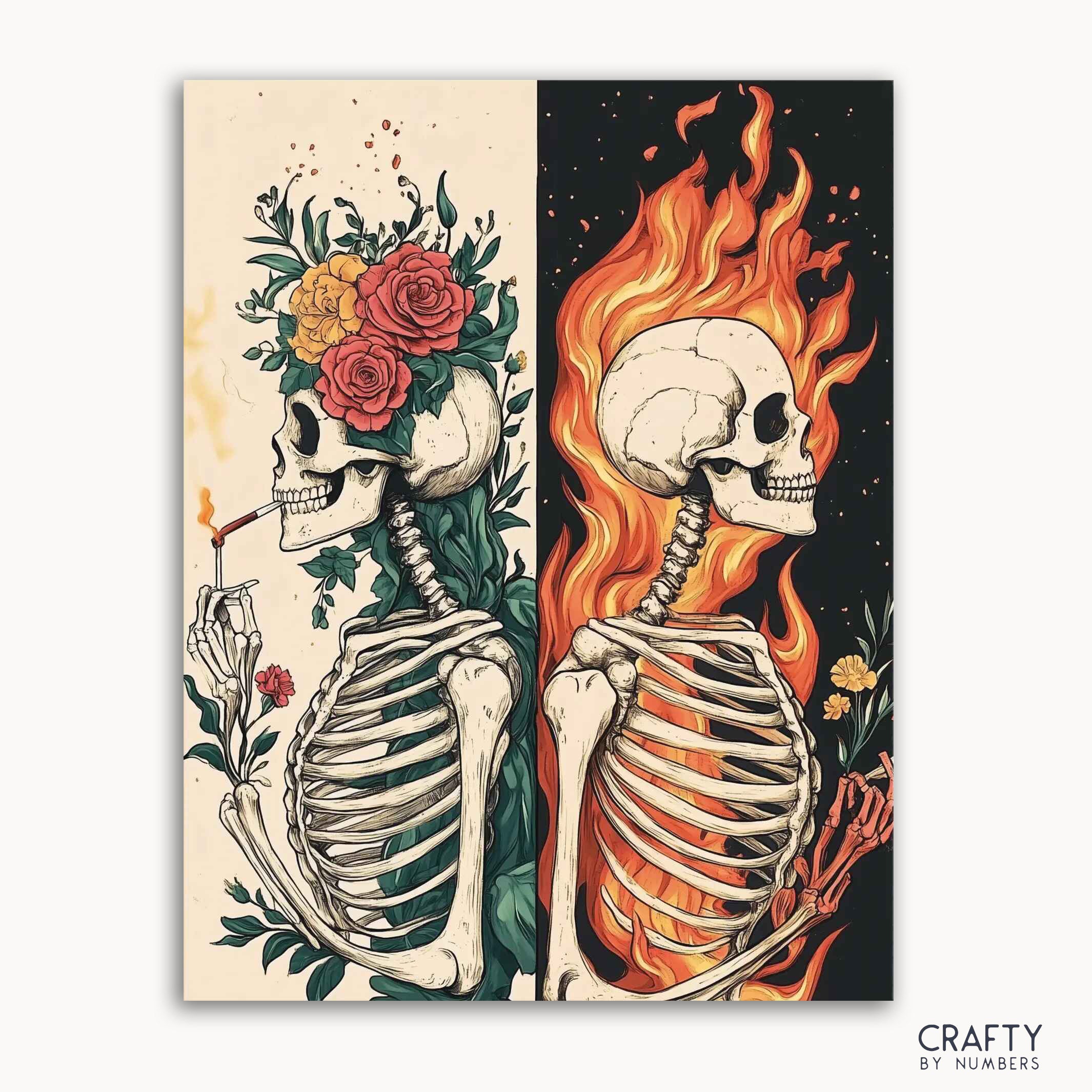 A paint by numbers kit image featuring two skeleton figures, one with floral elements and the other with flame designs, representing a contrast between creation and destruction.