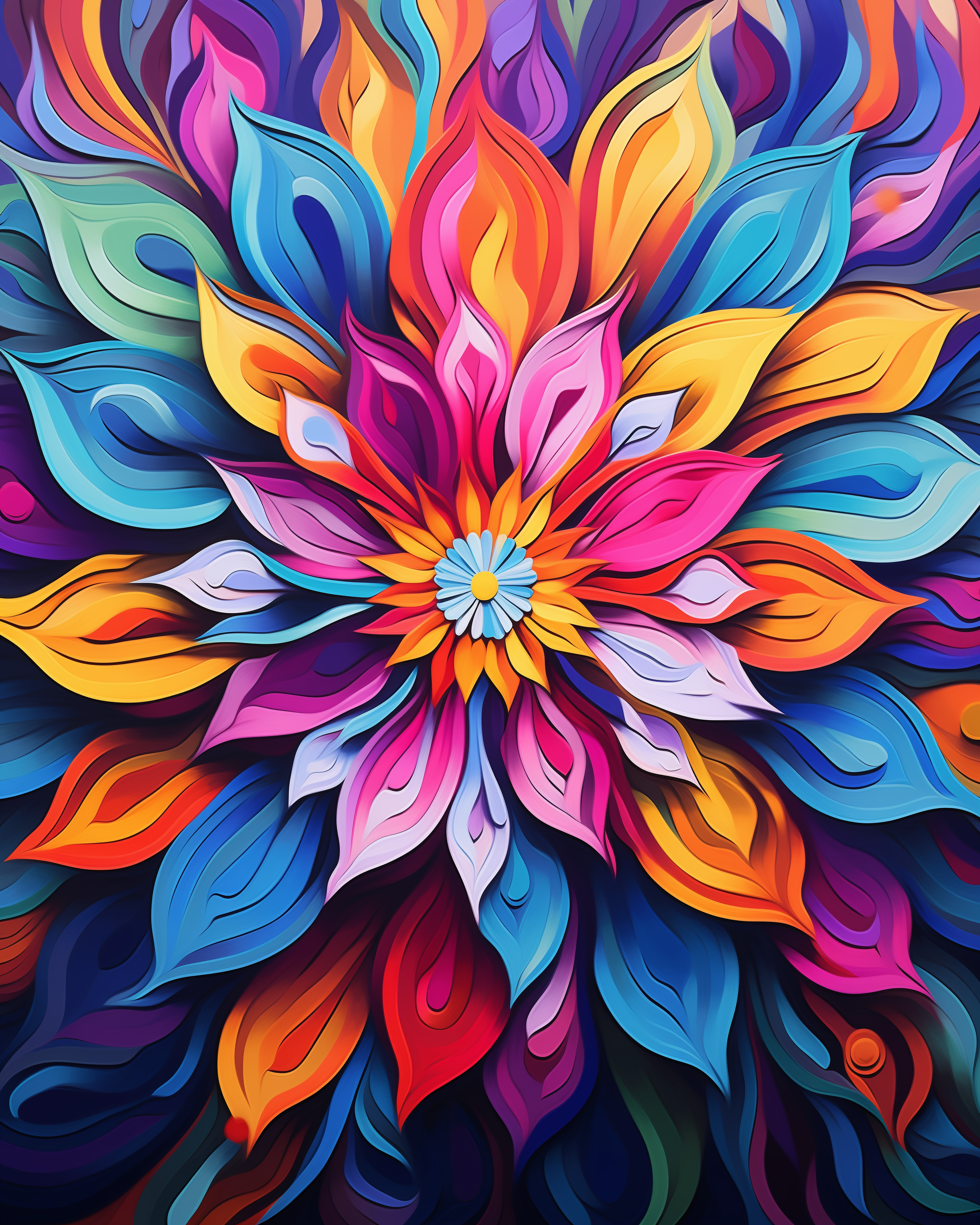 A vibrant paint by numbers kit depicting a flower with petals in multiple colors including red, yellow, blue, and purple.