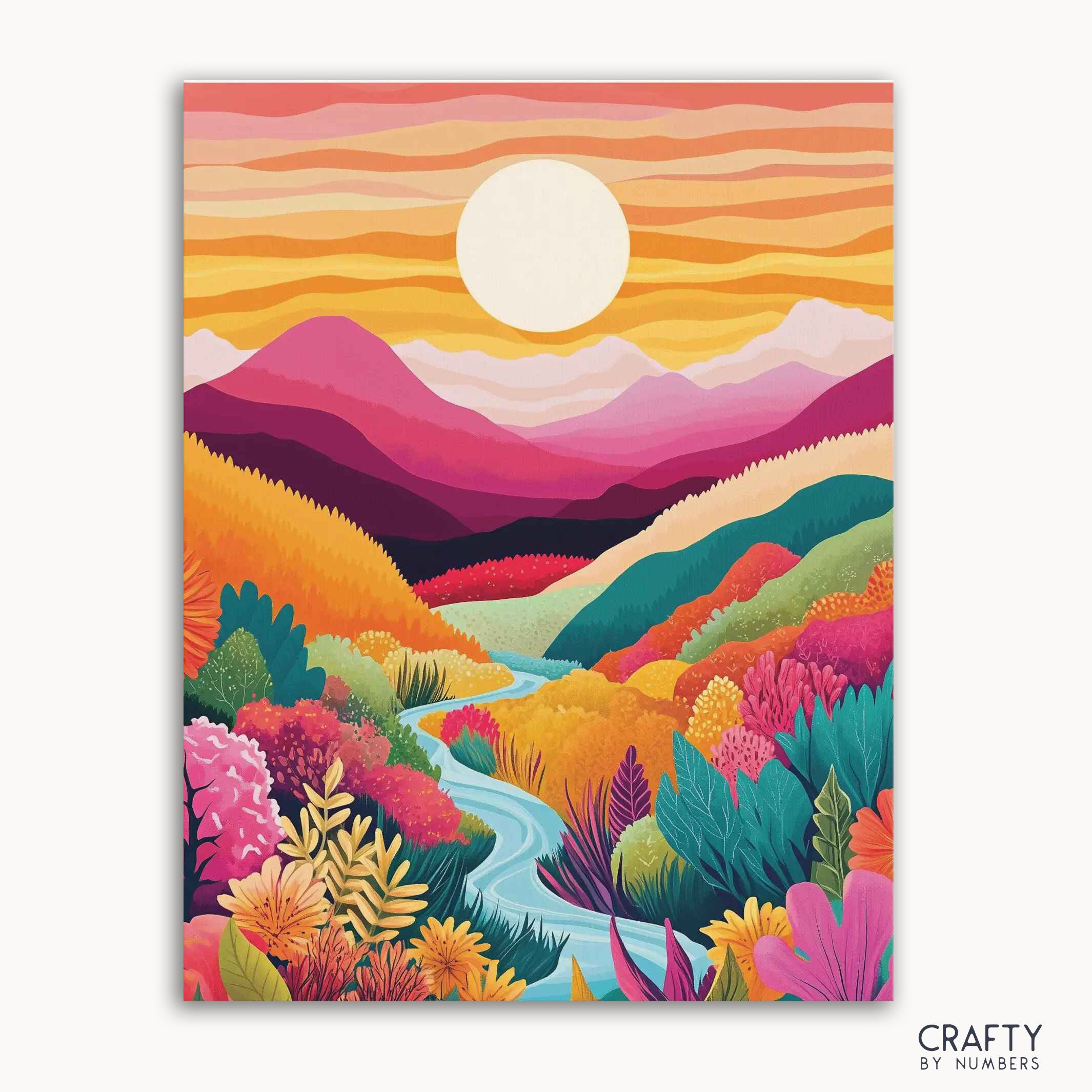 A paint-by-numbers kit image featuring a vibrant landscape with a stream, flowers, and mountains.