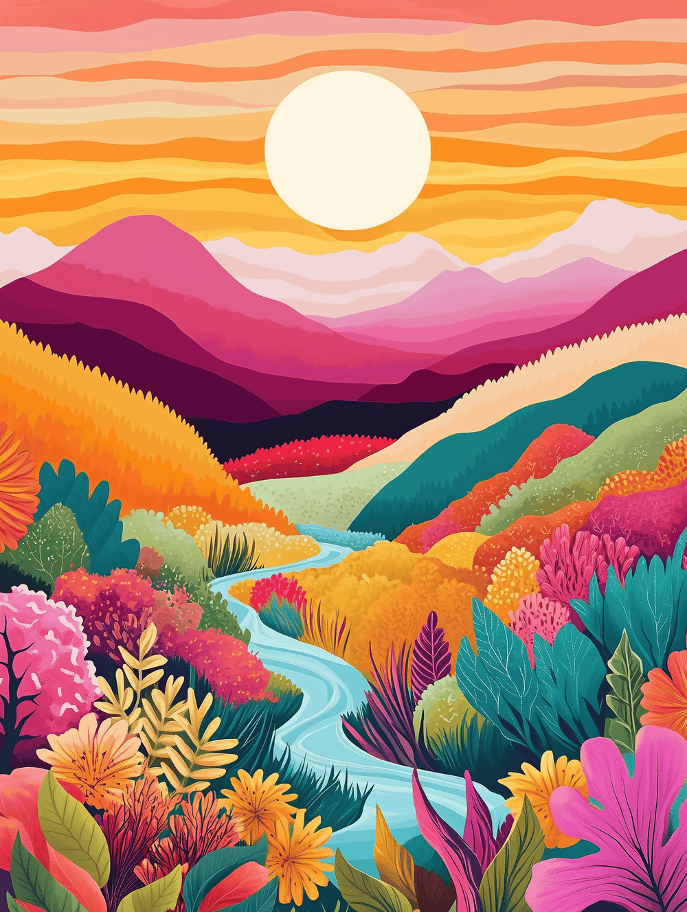A vibrant and colorful paint-by-numbers kit depicting a landscape with mountains, a stream, and a reflective sky.