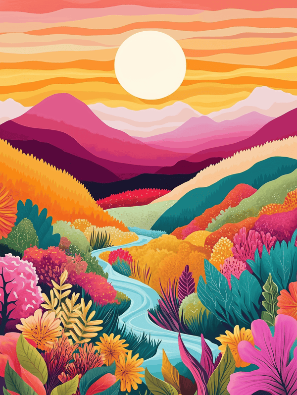 A vibrant and colorful paint-by-numbers kit depicting a landscape with mountains, a stream, and a reflective sky.