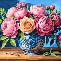 Floral paint by numbers kit with pink peonies and roses in a decorative vase