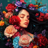 Woman portrait paint by numbers kit surrounded by vibrant flowers and soft colors