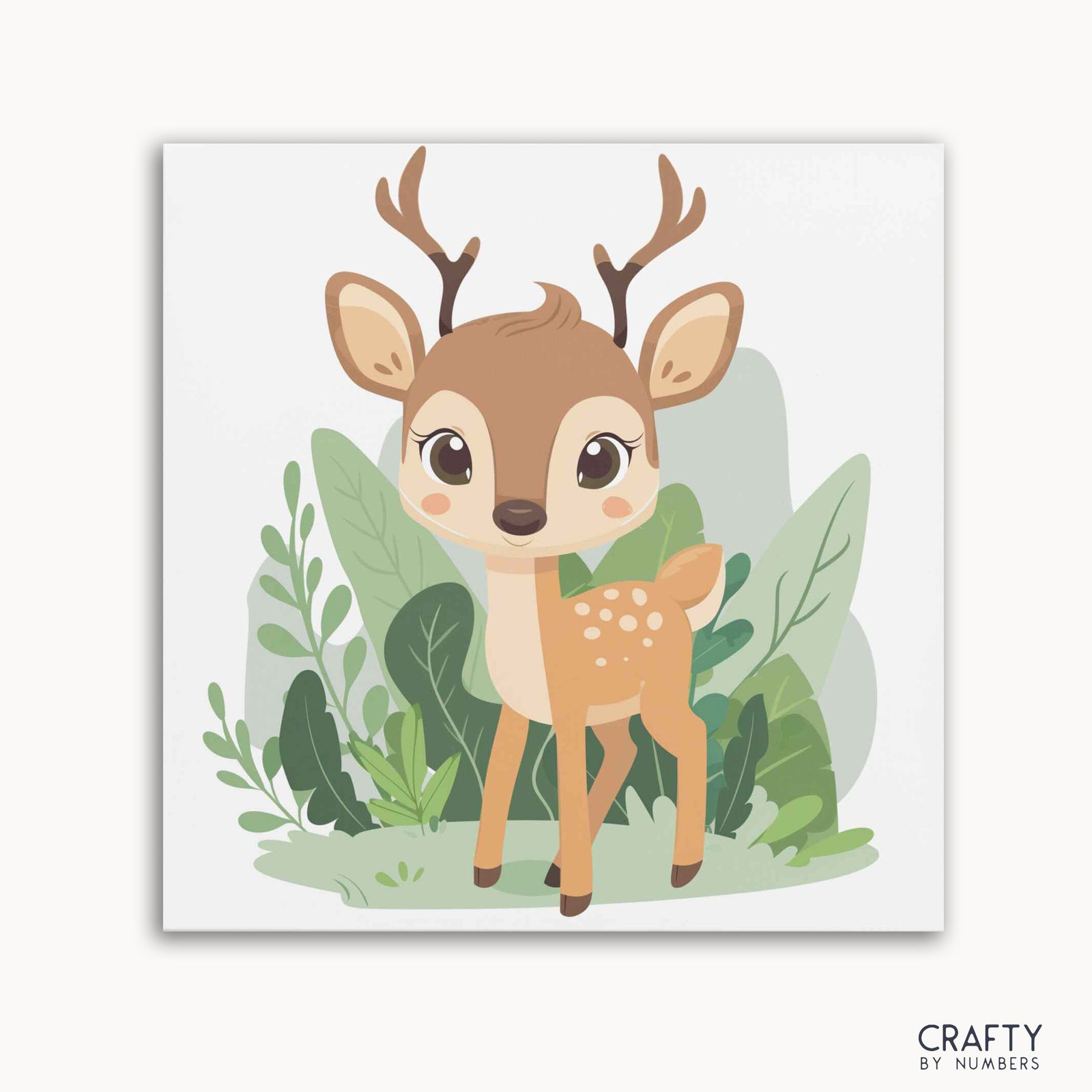 Un kit de pintura por números que presenta un ciervo estilo dibujos animados con hojas verdes de fondo, con la etiqueta "Crafty by Numbers".