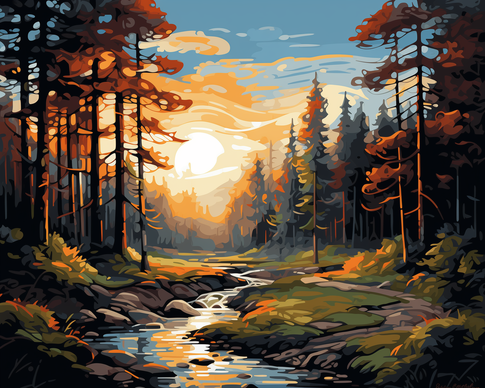 Ein Malen-nach-Zahlen-Set, das eine Waldszene mit Sonnenuntergang im Hintergrund, einschließlich eines Baches und hoher Bäume, zeigt.