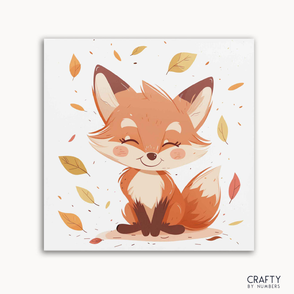 A paint by numbers kit featuring a smiling fox with autumn leaves around it, titled 'Foxy's Leafy Joy'.