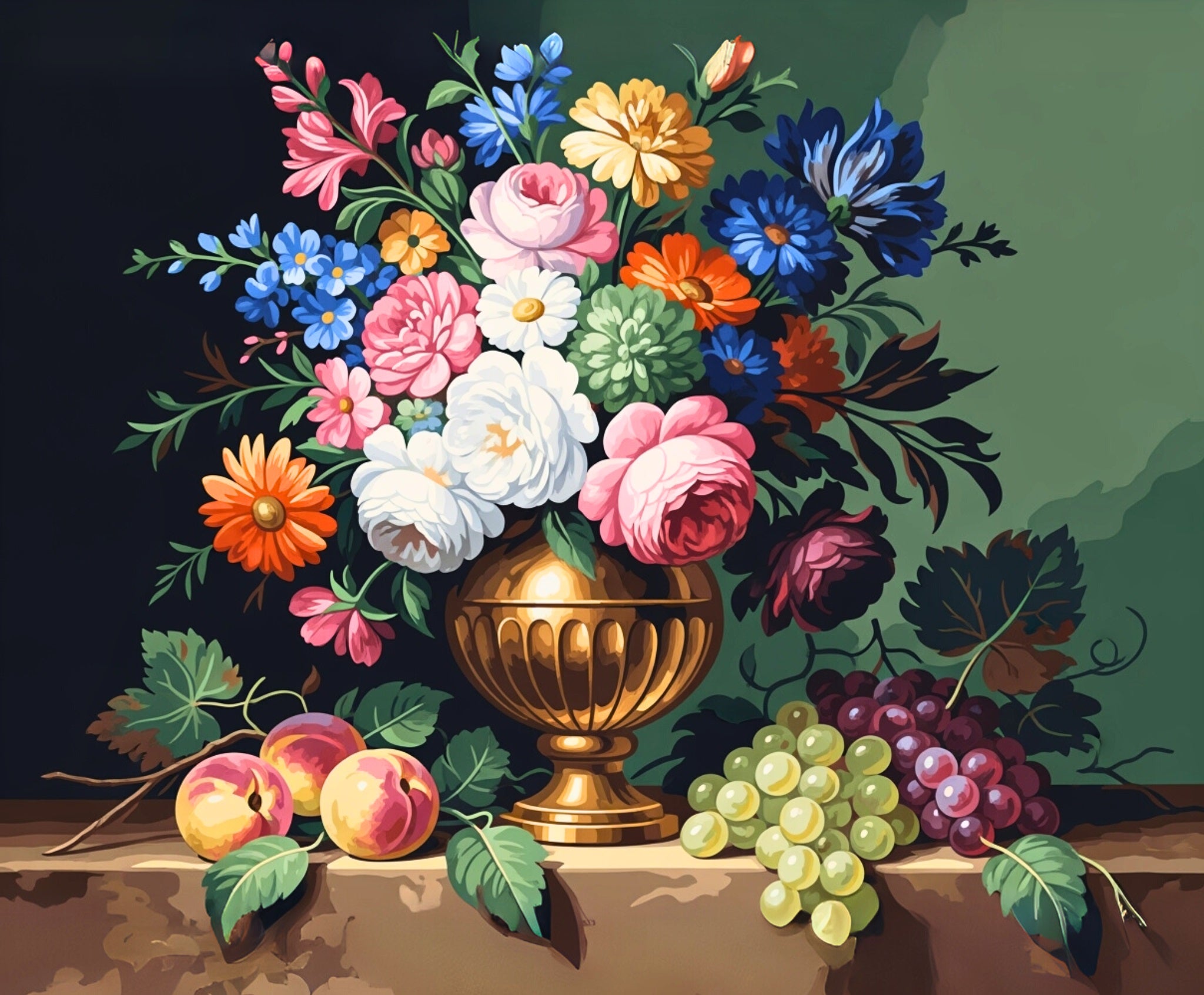Still life painting with flowers in a gold urn, fruits, and leaves on a dark background
