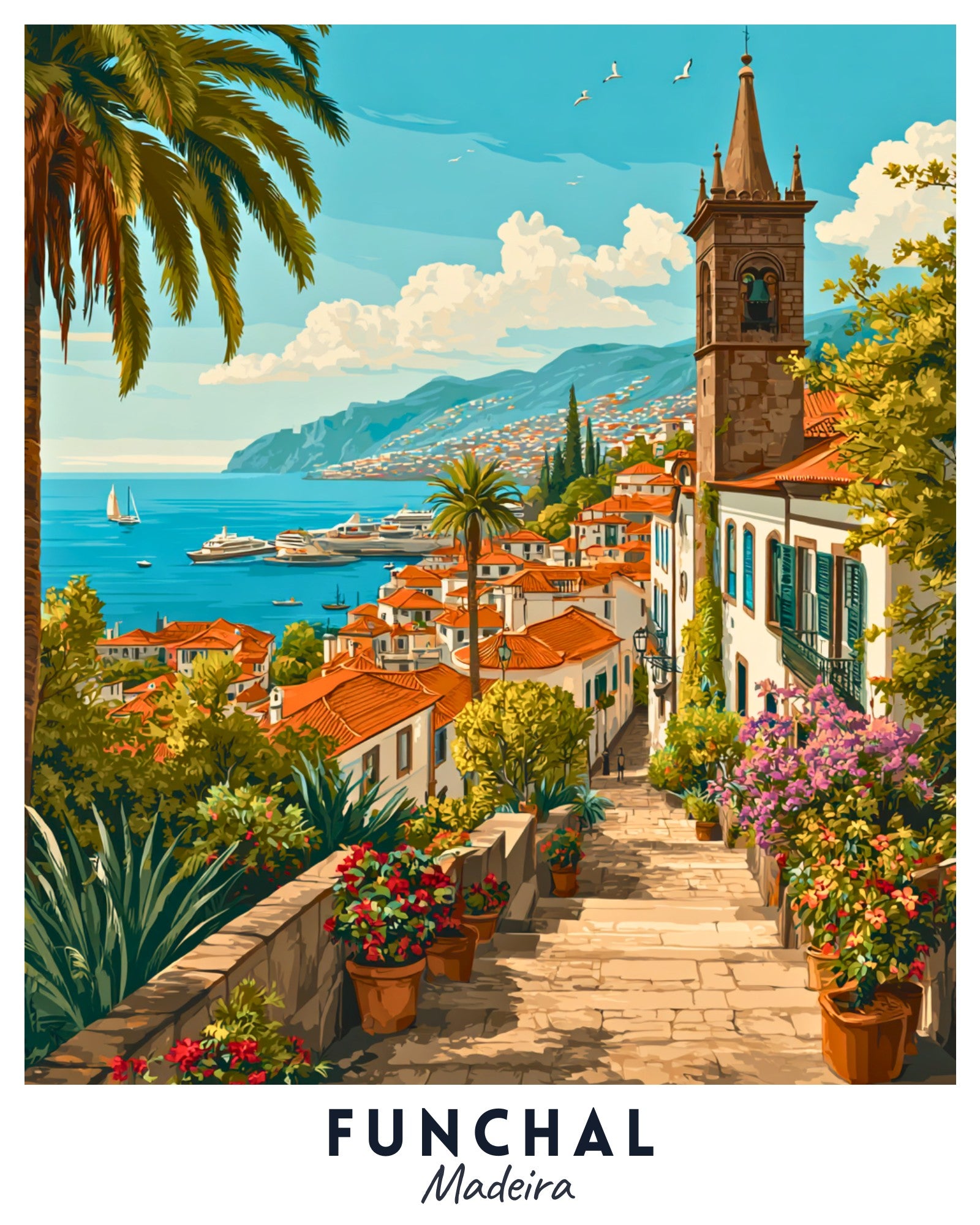 Vibrant illustration of Funchal, Madeira with a scenic view of the ocean and town.