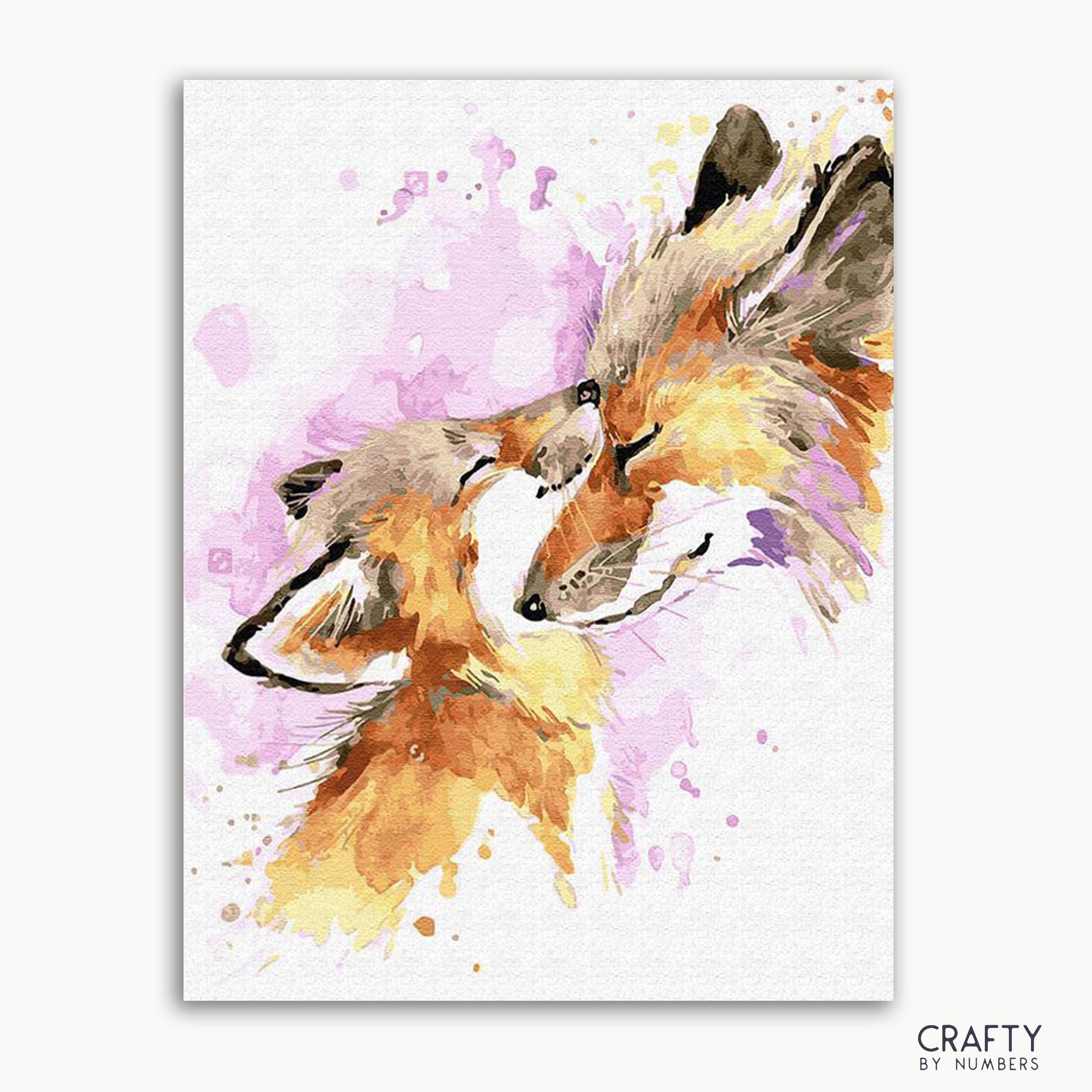 A painted picture of a fox mother with her cub, with abstract purple and pink splashes in the background, predominantly in shades of brown and white.