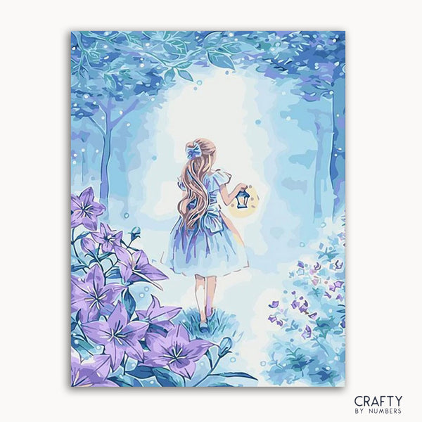 A painting depicting a character resembling Alice from 'Alice in Wonderland', surrounded by a floral environment, with a style indicative of fantasy art.
