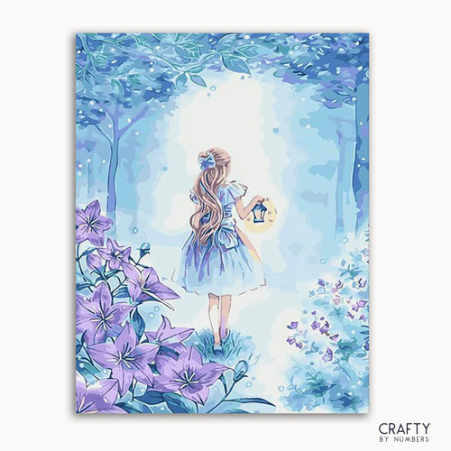 A painting depicting a character resembling Alice from 'Alice in Wonderland', surrounded by a floral environment, with a style indicative of fantasy art.