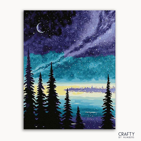 A painted canvas depicting a night scene with trees in silhouette against a starry sky with a crescent moon.