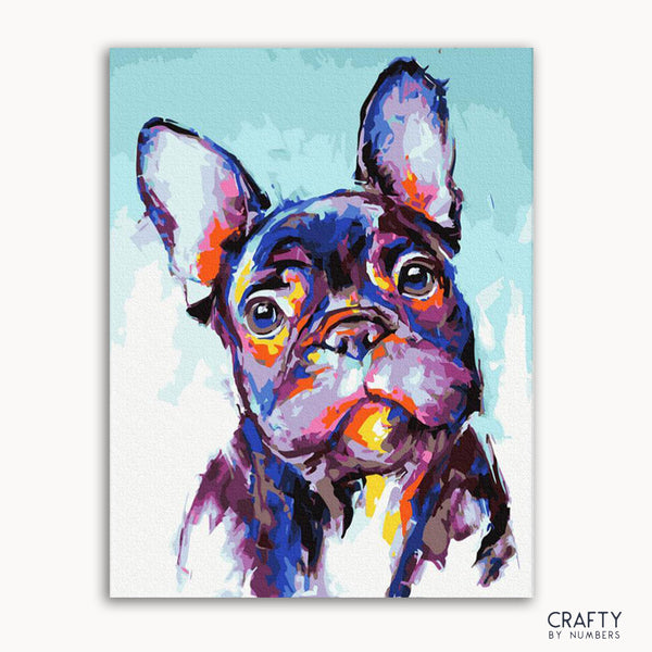 A colorful painting of a French Bulldog on a framed canvas.