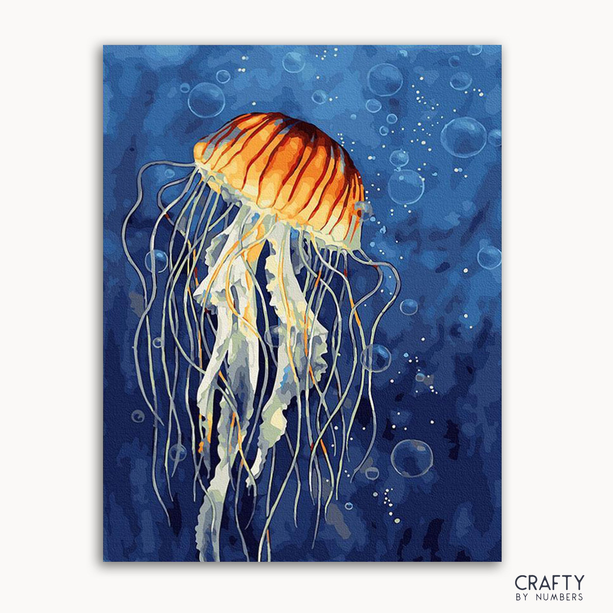 A framed canvas painting of a jellyfish with a blue water background.