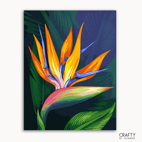 A painting of a colorful Bird of Paradise flower with vibrant orange, yellow, and blue petals against a green leafy background.