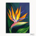 A painting of a colorful Bird of Paradise flower with vibrant orange, yellow, and blue petals against a green leafy background.