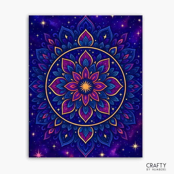 Galactic Bloom Mandala Paint by Numbers kit showcasing a celestial mandala with deep space blues, nebula purples, and golden starlight forming a blooming cosmic flower