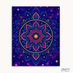 Galactic Bloom Mandala Paint by Numbers kit showcasing a celestial mandala with deep space blues, nebula purples, and golden starlight forming a blooming cosmic flower
