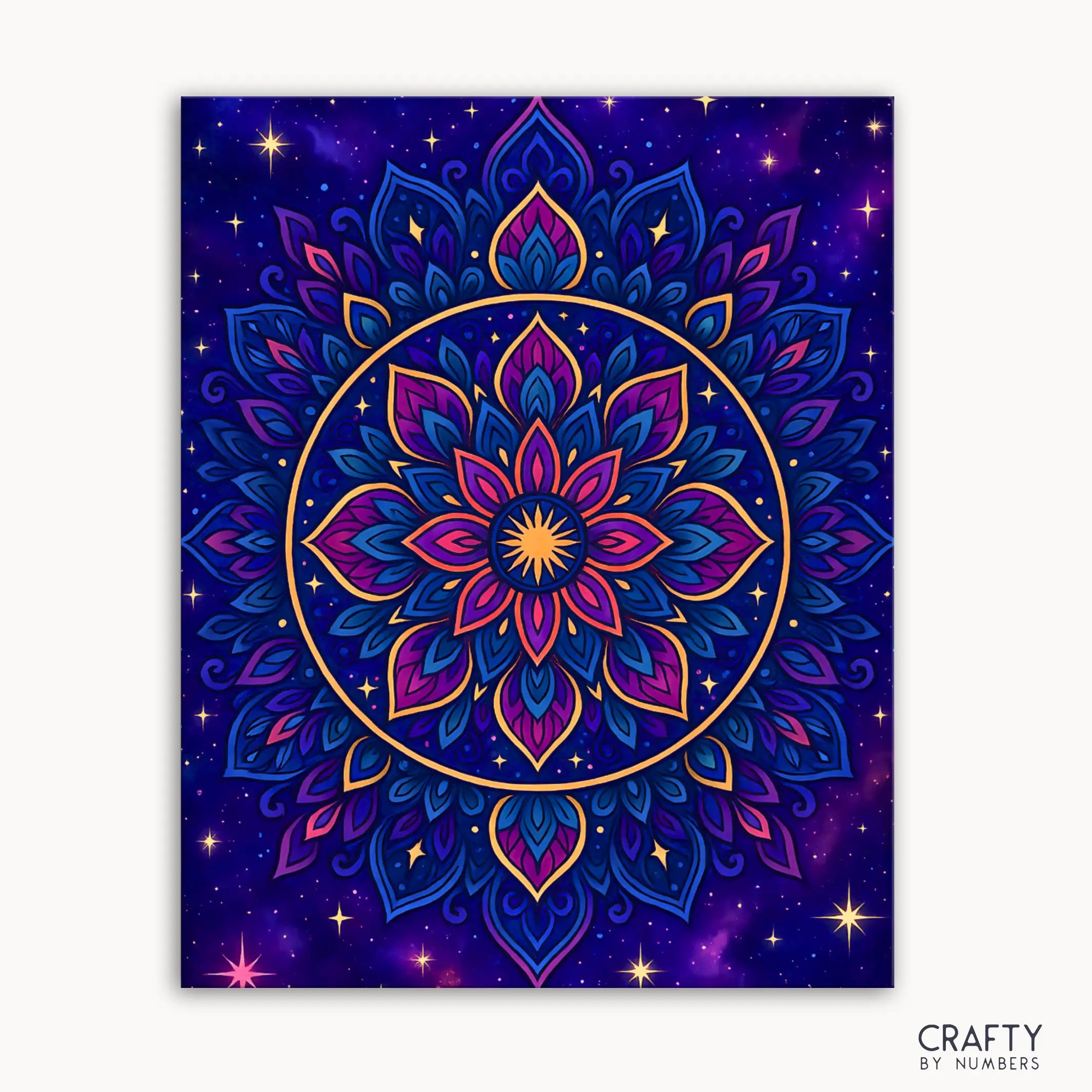 Galactic Bloom Mandala Paint by Numbers kit showcasing a celestial mandala with deep space blues, nebula purples, and golden starlight forming a blooming cosmic flower