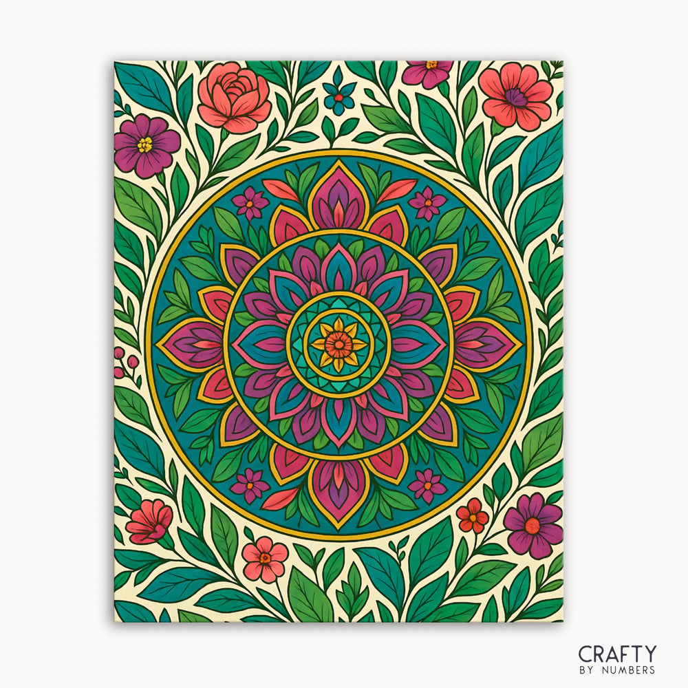 Garden Mandala Paint by Numbers kit featuring a tranquil mandala design with soft florals, leafy greens, and geometric patterns evoking a peaceful garden scene