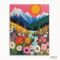 A paint-by-numbers kit canvas with a whimsical garden design, featuring vibrant flowers and a mountain range with a pink sky and sun.