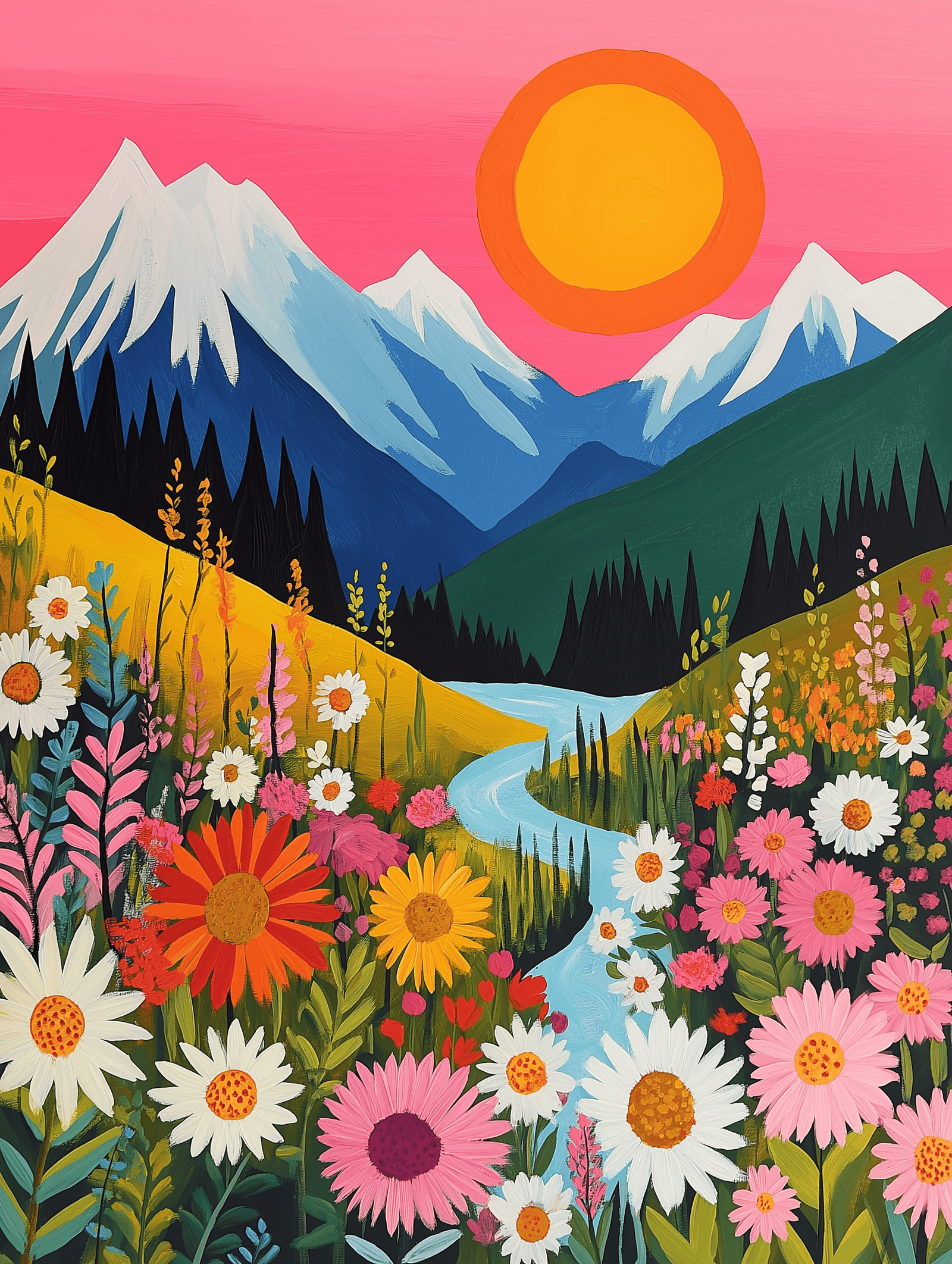 Un kit de pintura por números que representa un jardín vibrante con flores en primer plano y montañas al fondo, bajo un cielo rosa con una ilustración del sol.