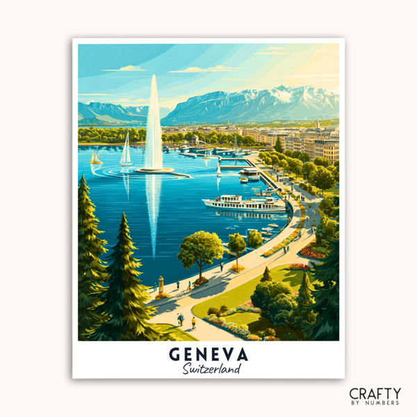 Poster of Geneva, Switzerland with a lake, sailboats, and mountains.