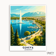 Poster of Geneva, Switzerland with a lake, sailboats, and mountains.