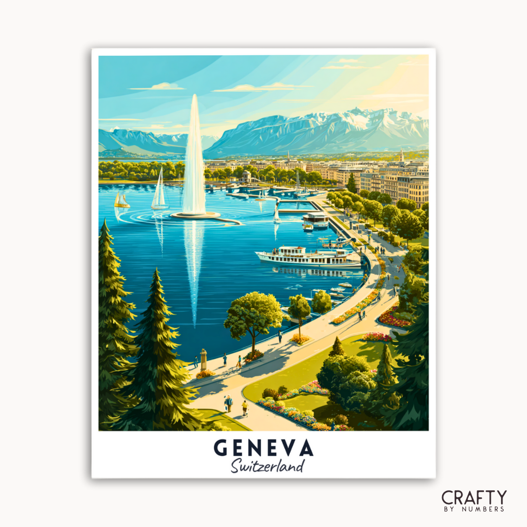 Poster of Geneva, Switzerland with a lake, sailboats, and mountains.