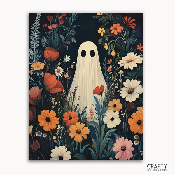 A paint-by-numbers kit image featuring a ghost among vibrant blooming flowers.
